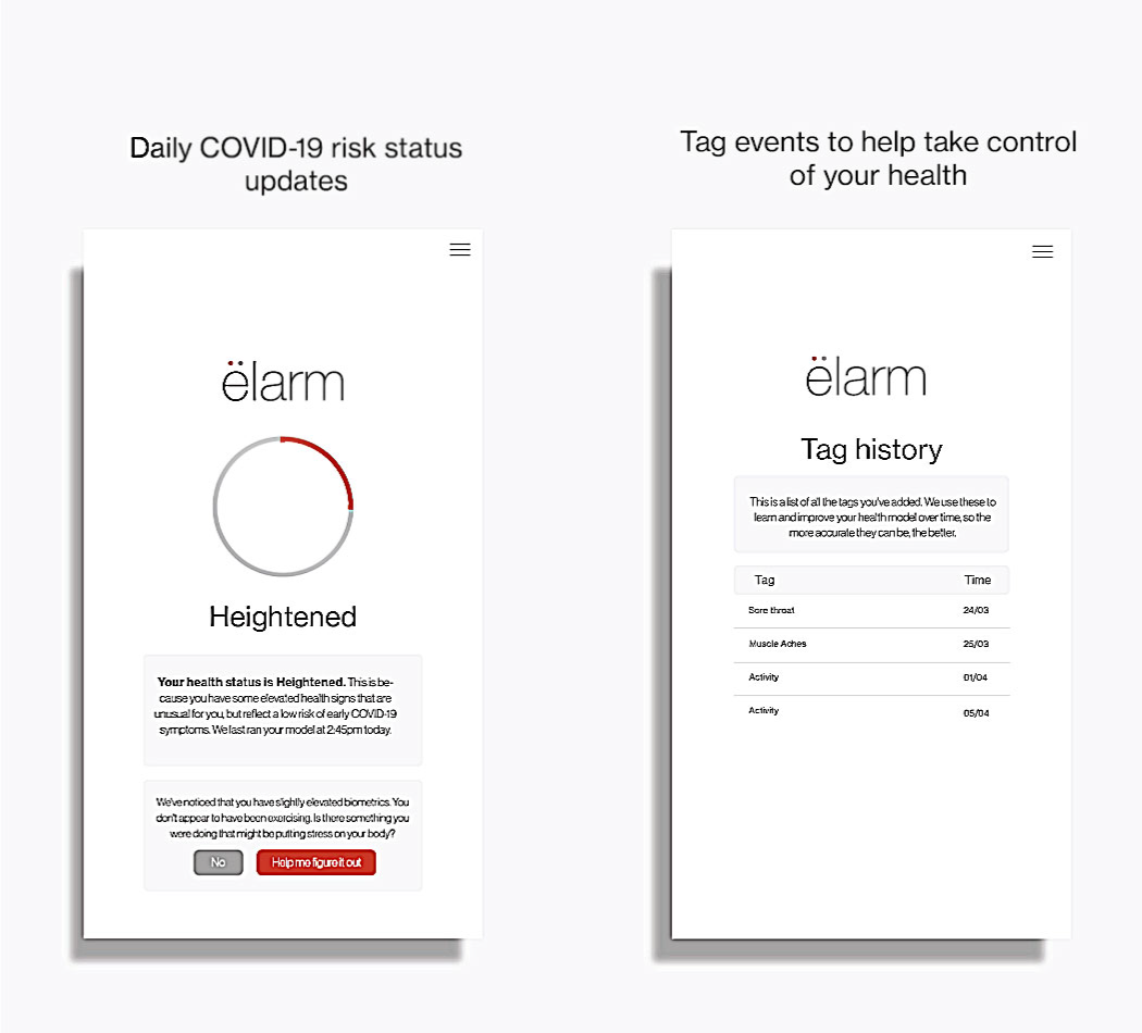 Screenshots of the ëlarm app.