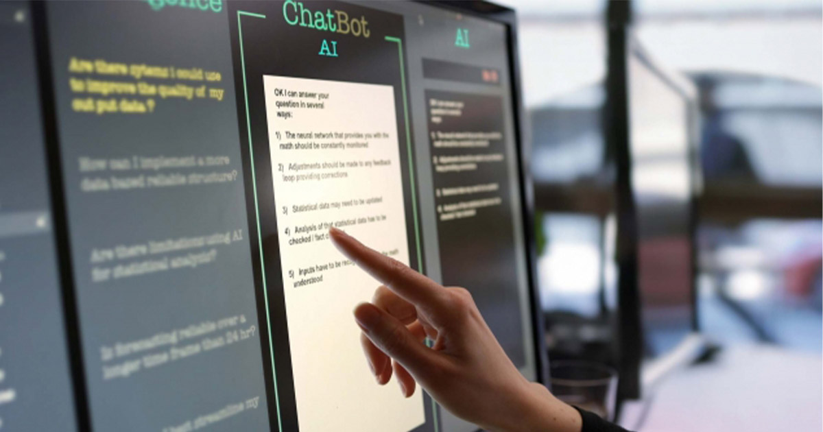 A hand selects text on an AI chatbot touchscreen