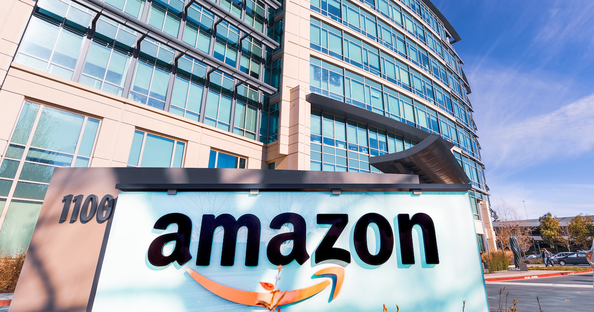 An Amazon sign in front of headquarters.