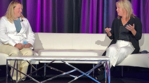 Valerie Monet of Banner Health and Kristi Roe of Medallia speak during the Patient Experience Forum at HIMSS 21 in Las Vegas.