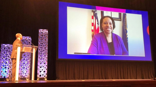 Tom Leary, senior VP of Government Relations at HIMSS, speaks to CMS Administrator Chiquita Brooks-LaSure by video about the link between interoperability and health equity, during HIMSS22.