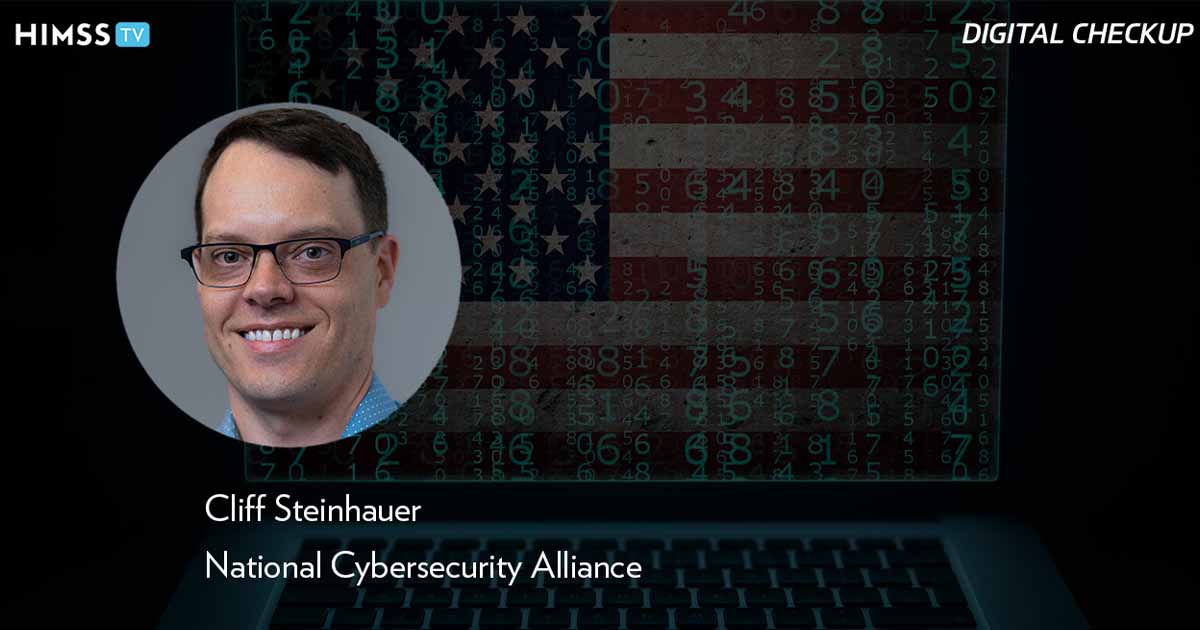 Cliff Steinhauer at the National Cybersecurity Alliance_Laptop with American flag and binary code Photo by Smederevac/iStock/Getty Images Plus