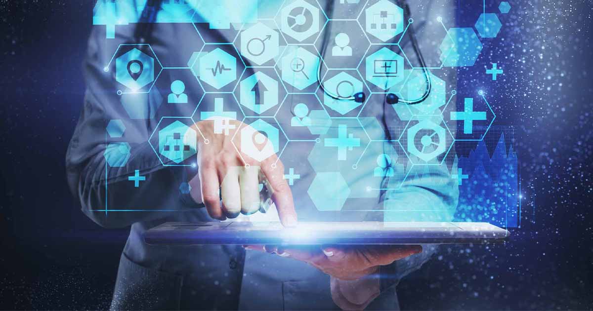 Medical worker pressing tablet with overlay of digital icons