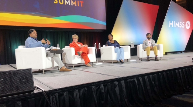 From left, Nick Patel of Stealth Consulting moderates a panel with Crystal Broj of MUSC, Novlet Mattis of Orlando Health and Kash Patel of Hackensack Meridian Health.
