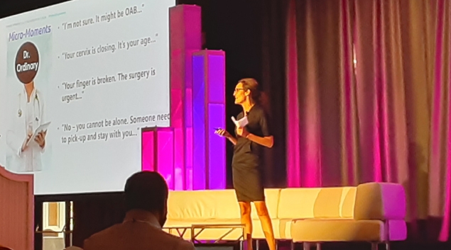 Dr. Laura Cooley, senior director of education and outreach at the Academy of Communication in Healthcare, speaks at HIMSS21 in Las Vegas on Monday.