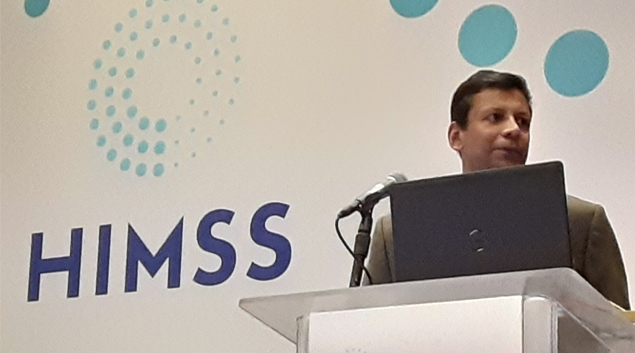 University of Texas professor Dr. Indrahil Bardhan speaks on ACO performance at the HIMSS22 conference in Orlando.