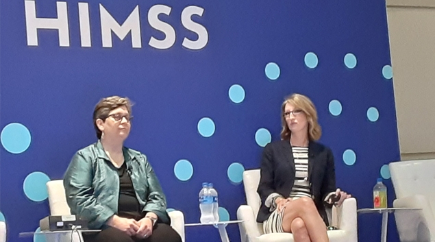 Tanya Zucconi, left, chief operating officer of ZGM, and Tina Burbine, vice president of care innovation at Healthlink Advisors, speak at the HIMSS22 conference in Orlando.