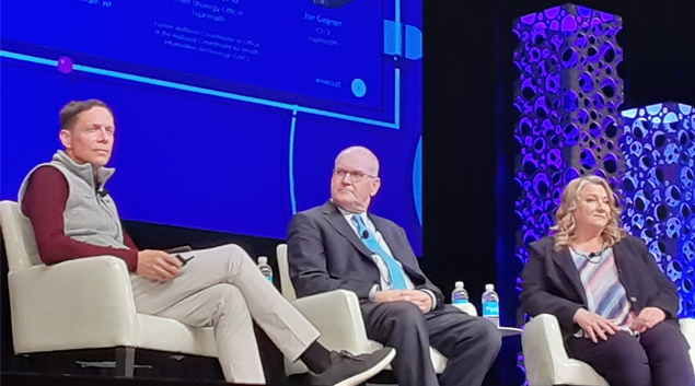 Moderator and 1upHealth CEO Joe Gagnon, 1upHealth Chief Strategy Officer Dr. Don Rucker, and Network Health WI Vice President of IS Delivery Diane Gabrielsen speak at the HIMSS2 conference in Orlando.