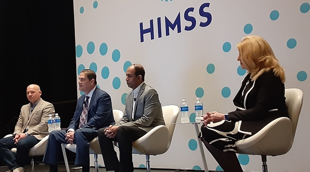 Left to right: Brian Spisak, independent consultant and research associate at National Preparedness Leadership Initiative at Harvard University; Huberto Quintanar, vice president and chief technology officer at Memorial Healthcare System; Suresh Srinivasan, vice president, chief information officer and chief medical information medical officer at UPMC Children's Hospital of Pittsburgh; and Deb Muro, chief information officer at El Camino Health speak at the HIMSS24 conference in Orlando Tuesday.