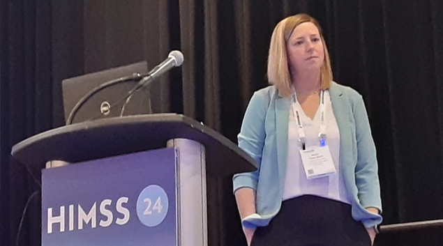 Kelsey Sjaarda, clinical program manager, The Link at Avera McKennan Hospital and University Health Center, speaks Tuesday at the HIMSS24 annual conference in Orlando.