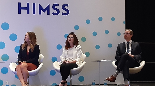 Left to right: Tara Gosse, director of clinical innovation at Mayo Clinic, Nurse Administrator Heidi Shedenhelm and Adam Copeland, director of digital strategy at Mayo Clinic, speak Wednesday at the HIMSS24 conference in Orlando.
