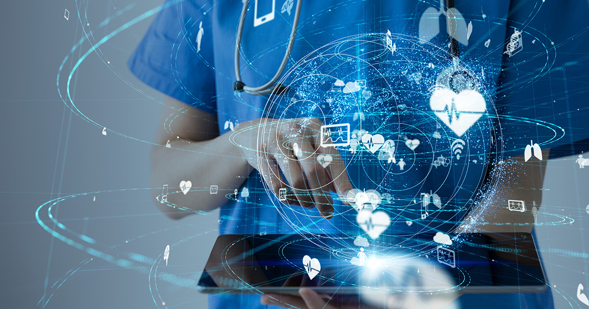 Healthcare worker using tablet with healthcare icons swirling above