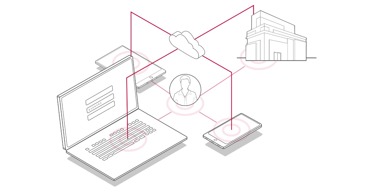 Cloud and person icons connected to laptop, smart devices, and hospital