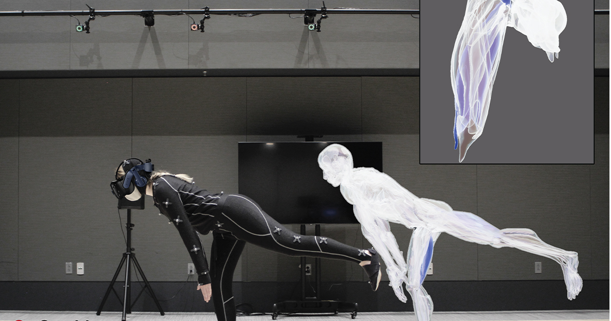 Person in covering suit with electrodes poses, with a duplicate image of the figure nearby