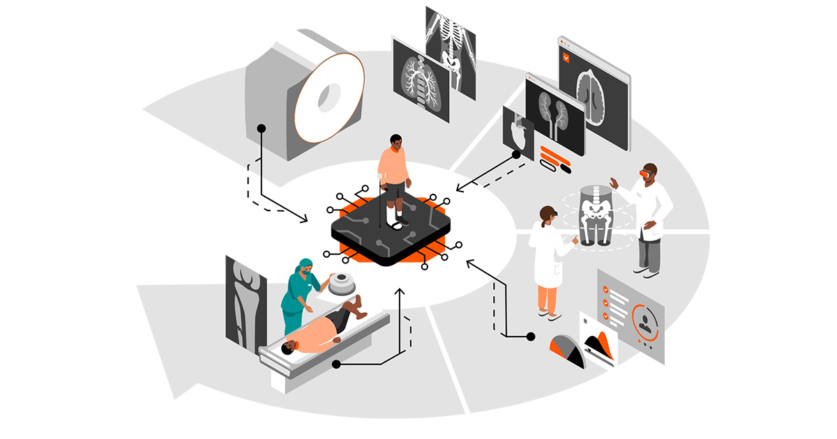 Illustration of medical processes centered on patient standing on a computer chip