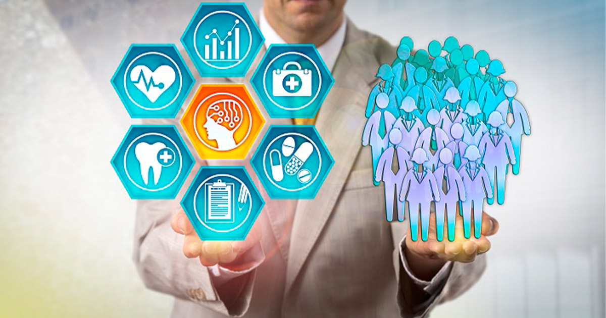 A person in a suit holds graphic healthcare solutions in one hand, and a graphic of people in the other.