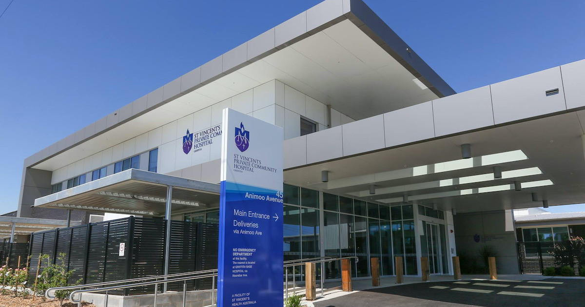 Entrance to St Vincent’s Private Community Hospital in Griffith, New South Wales