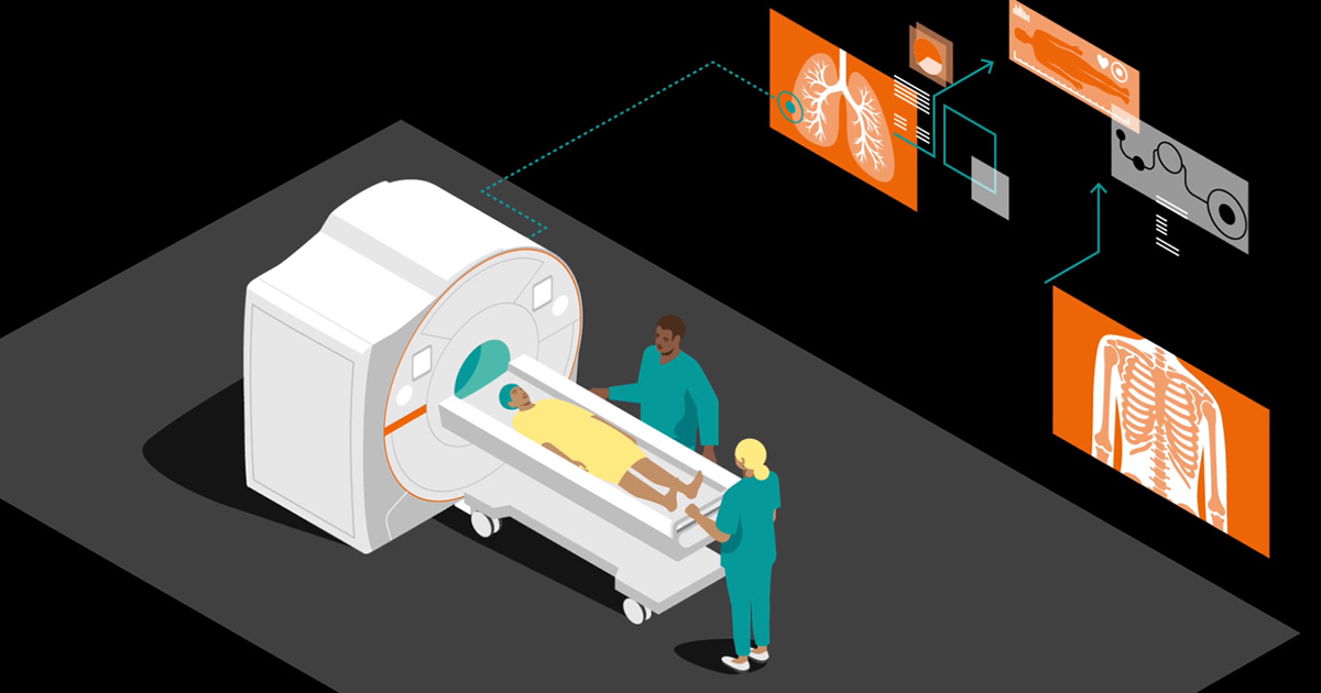 Vector illustration of healthcare workers and an MRI machine