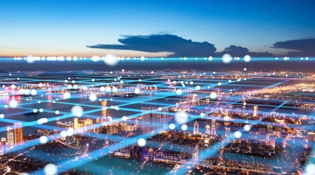 Digital grid overlaid on cityscape