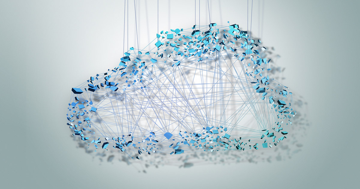 multiple blue devices on strings form a cloud outline