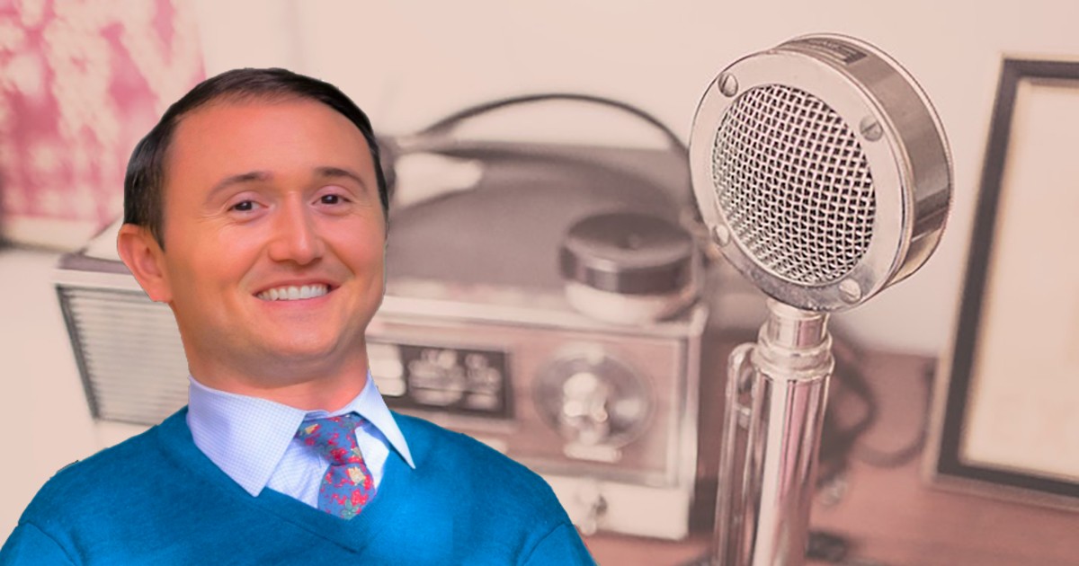 Josh Basile's headshot on a background with a mic and radio