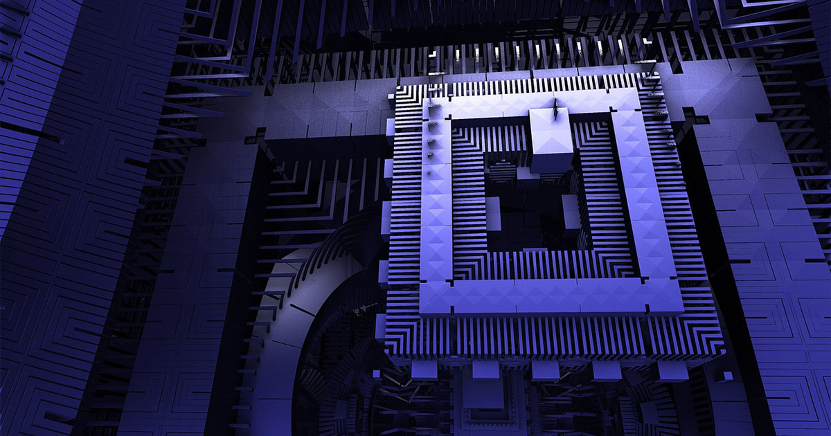 Square quantum computer components in blue.