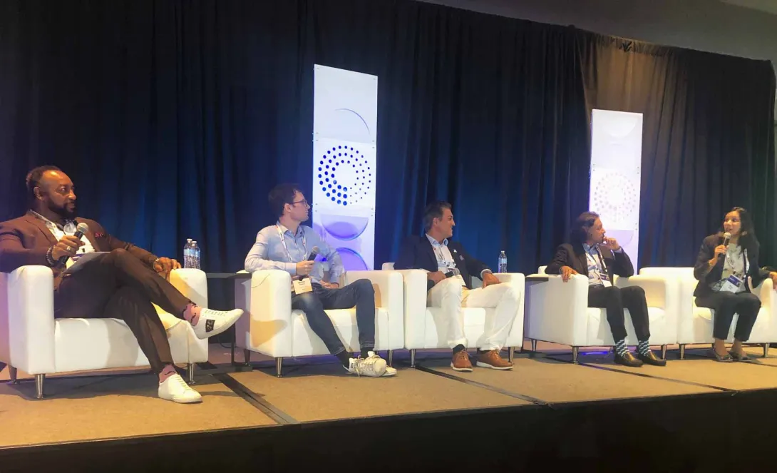 From left, Christopher Kunney moderates a panel of healthcare leaders Martin Raison, Ryan Sadeghian, Jyothi Karthik Raja and Ami Bhatt at the AI Leadership and Strategy Summit in Chicago.