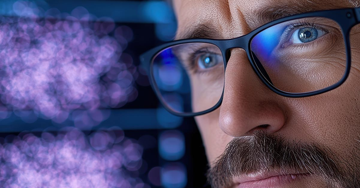 Face of man wearing glasses in front of a screen