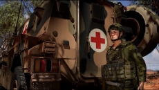 A simulation of a soldier preparing to administer tactical combat casualty care
