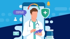 Illustration of doctor with medical and digital icons standing in front of smartphone