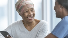 Healthcare worker talking to patients