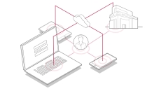 Cloud and person icons connected to laptop, smart devices, and hospital