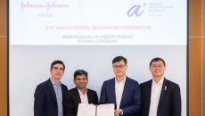 [Left to Right] Peter Menziuso, Company Group Chairman, Johnson & Johnson Vision;  Vaibhav Saran, VP for Vision Care, Johnson & Johnson Vision APAC; Dr Su Yi,  Executive Director of A*STAR Institute of High Performance Computing; Tan  Sze Wee, Assistant Chief Executive of Enterprise, A*STAR