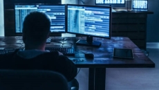 worker looking at dual monitors
