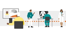 Illustration of patient looking at electronic health record and medical workers looking at images with arrow showing progression