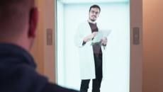 Male doctor appears in a 3D hologram display with a patient in the foreground