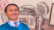 Josh Basile's headshot on a background with a mic and radio