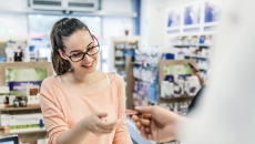 Customer at pharmacy being handed card