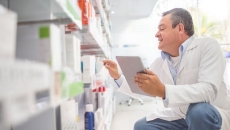 A pharmacist doing inventory at a drug store