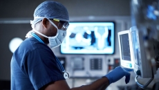 A surgeon looking at a monitor in an operating room