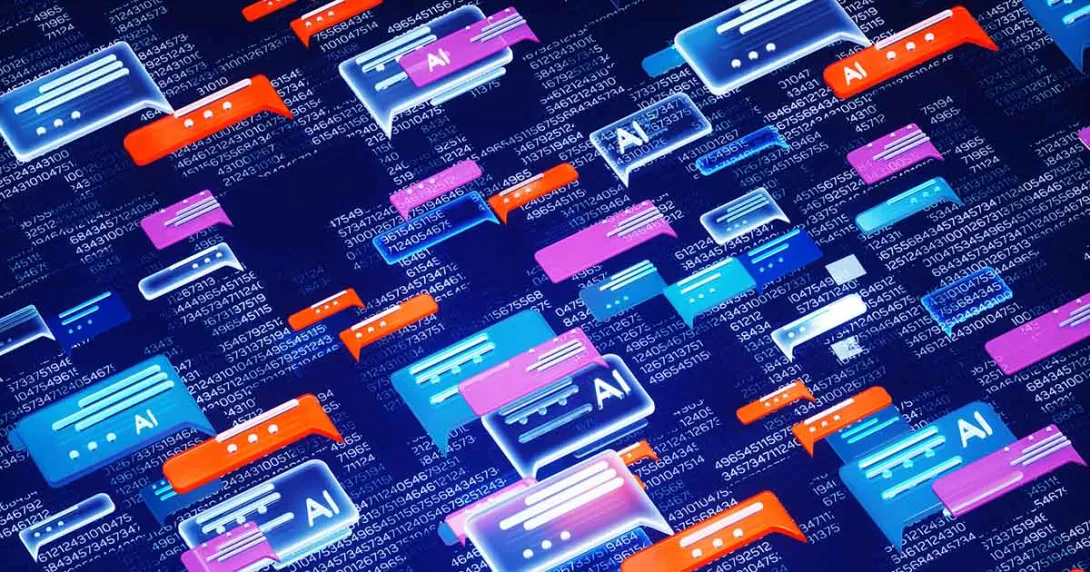 Artificial intelligence The letters AI in a cartoon bubble, repeated on a screen with other graphic boxes