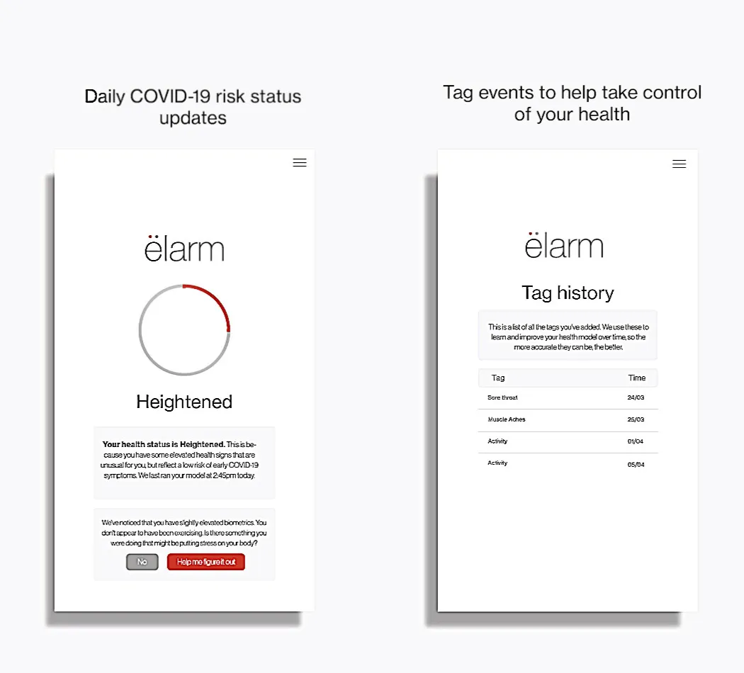 Screenshots of the ëlarm app.