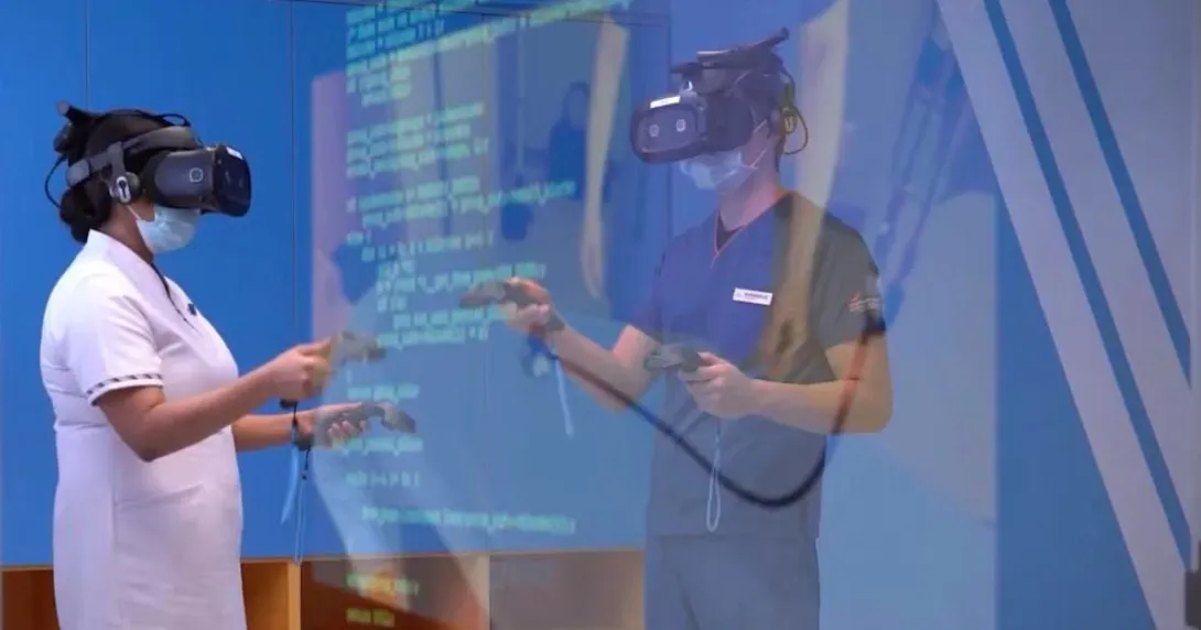 Medical students wearing XR headsets in a simulation training