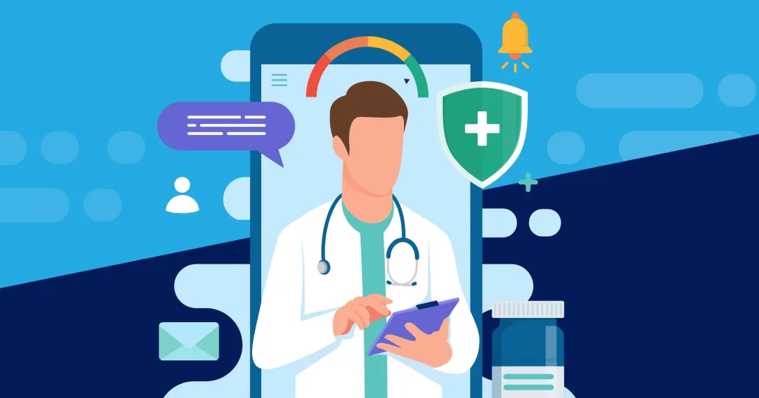 Illustration of doctor with medical and digital icons standing in front of smartphone