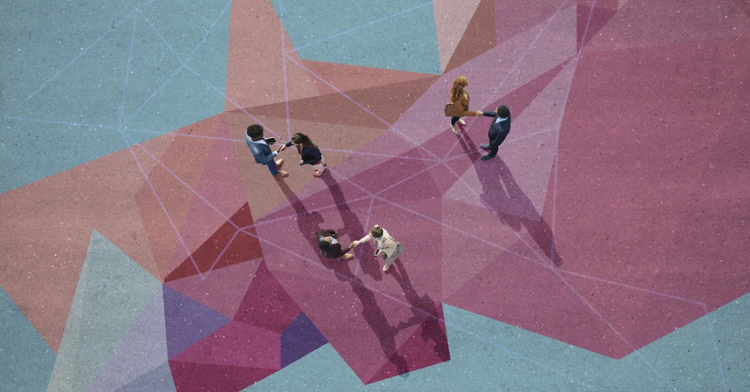 Businesspeople on painted pattern on asphalt