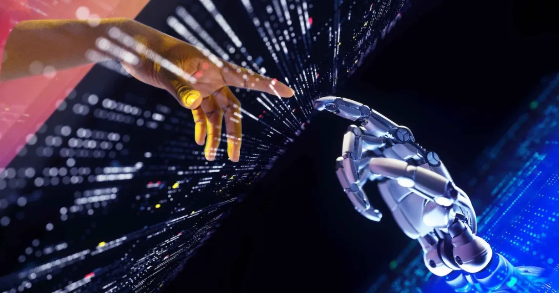 human hand touching robot hand through screen of data human hand touching robot hand through screen of data