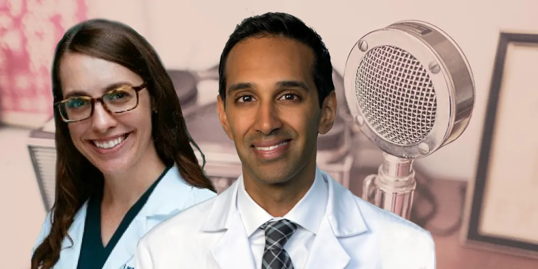 Dr. Eberly and Dr. Adusumalli's headshots in front of a microphone