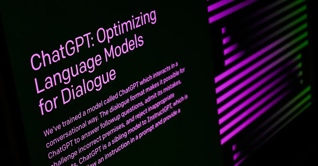 A screen explains Chat-GPT is AI designed to optimize dialogue. A screen explains Chat-GPT is AI designed to optimize dialogue.