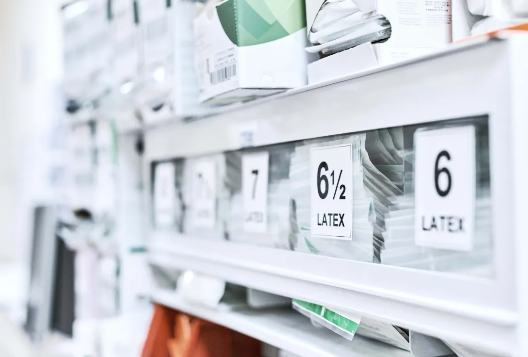 Medical equipment on a shelf.