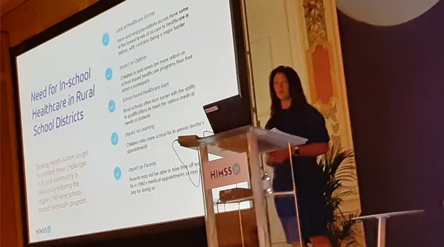 Rose Ghattas, RN, virtual health coordinator for Blessing Health System, speaks at HIMSS21 in Las Vegas on Tuesday.